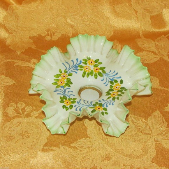 Antique Ruffled Green Glass Candle Holder Hand Painted Flowers Cottagecore - Picture 7 of 10